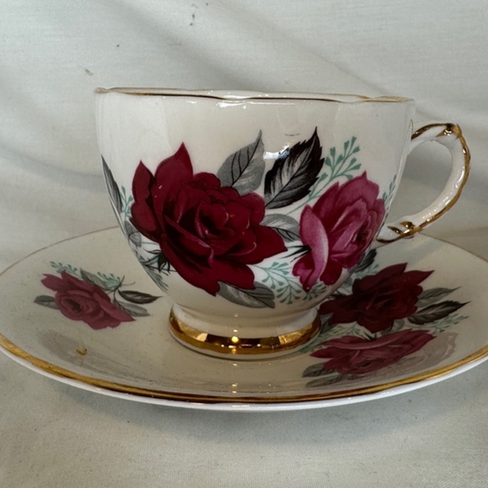 Vintage Delphine Tea Cup and Saucer Rose Pattern Rare 1940s